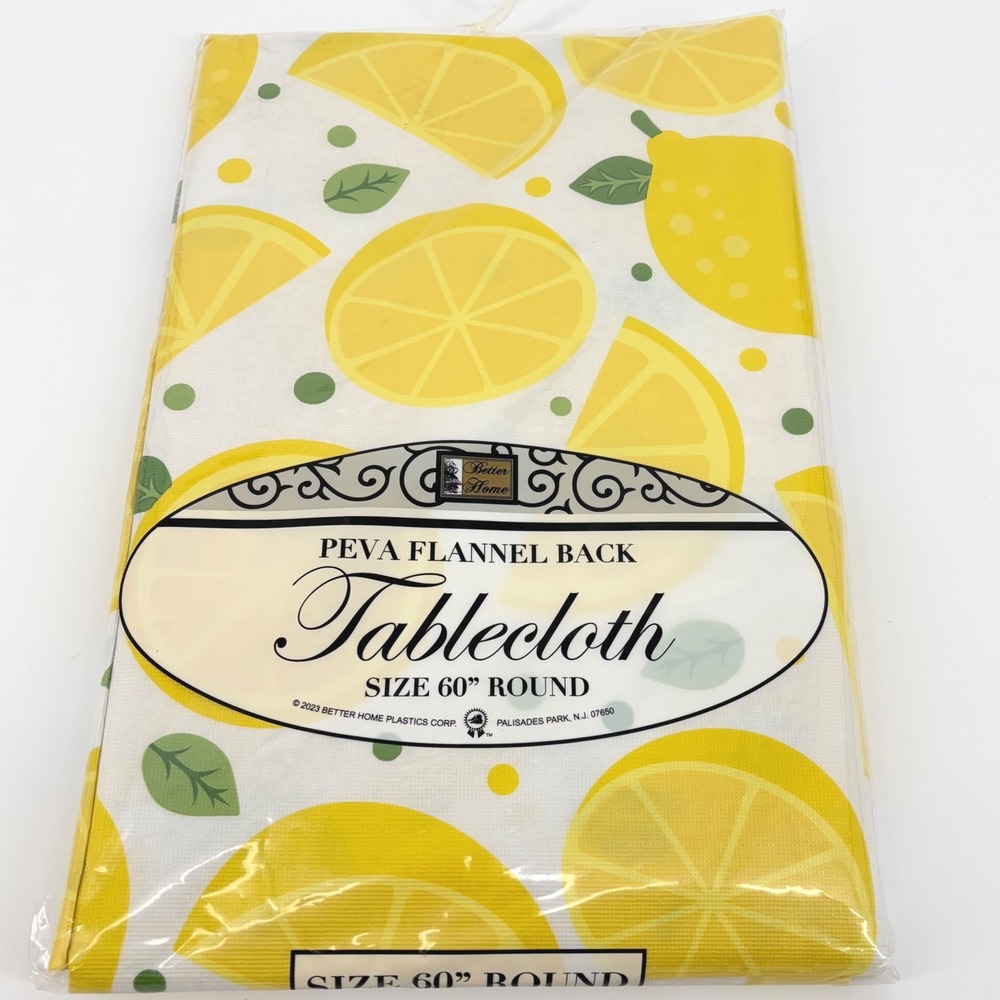 Better Home Tablecloth PEVA Flannel Back Lemon Fruit Print Yellow 60" Round - Picture 2 of 4